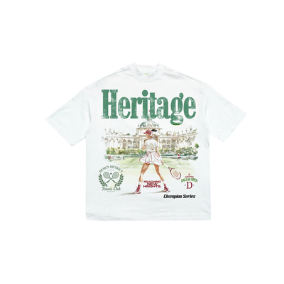 Heritage Tennis Club white T-shirt front flat lay