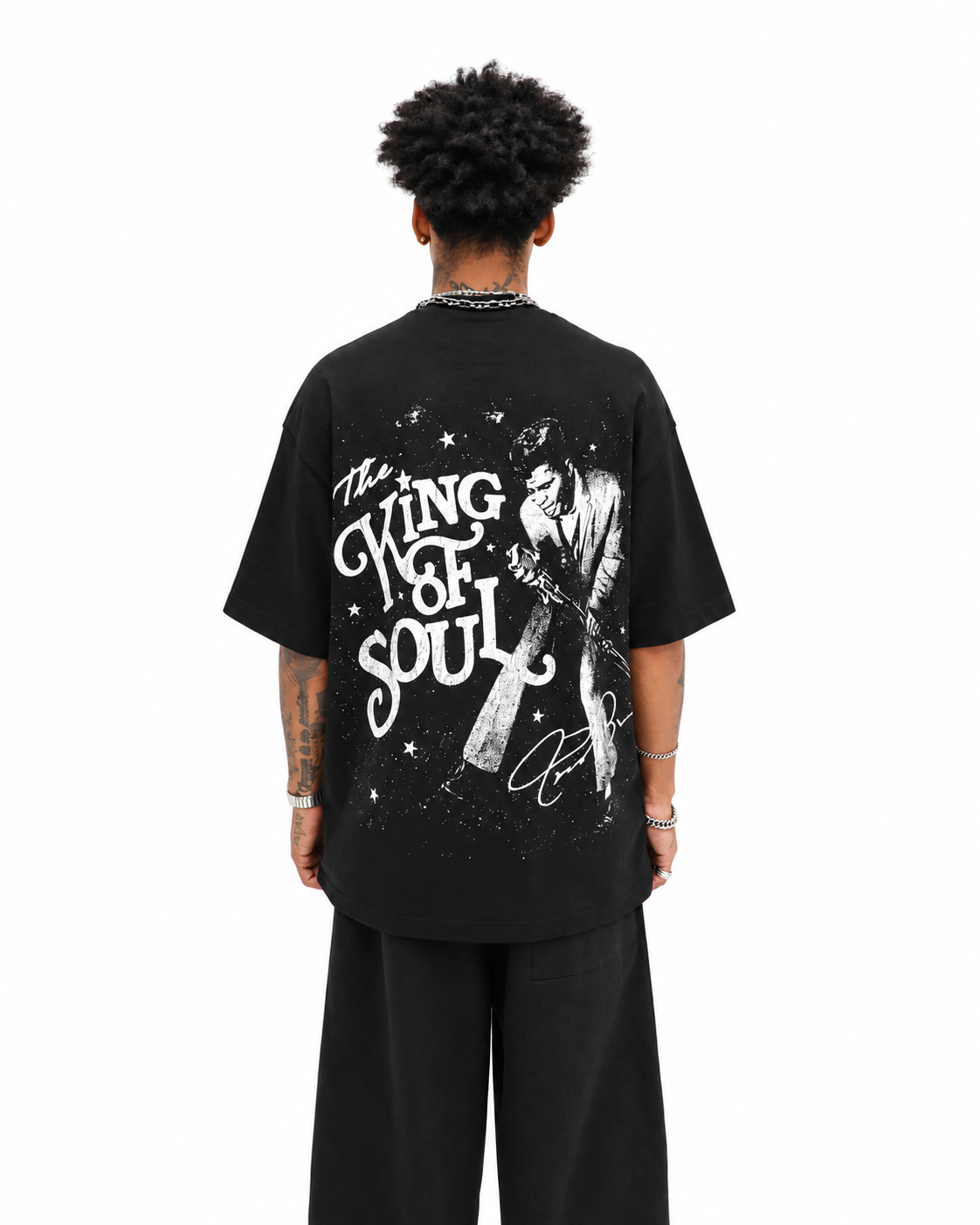 James Brown Tee - Black worn on model, back view, white background