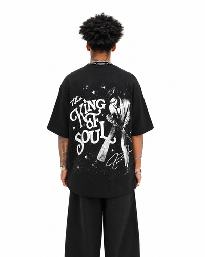 James Brown Tee - Black worn on model, back view, white background