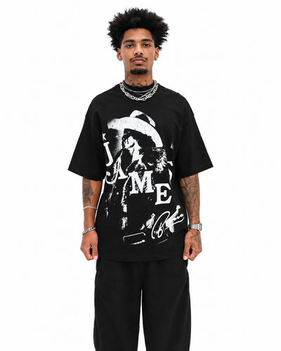 James Brown Tee - Black worn on model, front view, white background