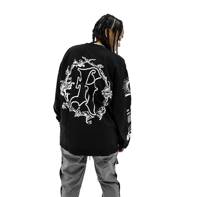 Black long sleeve shirt featuring the Key of Life design by HeightsDistrict, with a detailed graphic on the front.