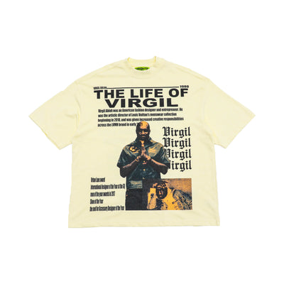 Life Of Virgil cream graphic tee, front flat lay on a white background.