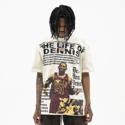 Black "Life of Dennis" T-shirt by HeightsDistrict featuring bold graphic print on front.
