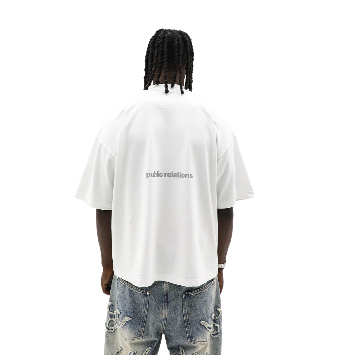 Public Relations white heavyweight tee - back wordmark