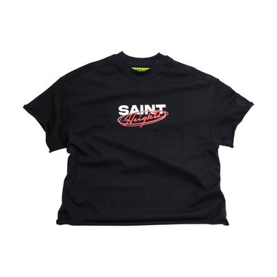 Front of the Saint Heights Start With Prayer black oversized tee, SAINT in white with Heights in red script circled beneath it, cut sleeves and raw-cut hem.