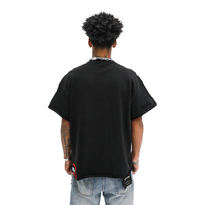Singer Tee - Black worn on model, back view, on a white background
