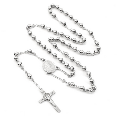 Stainless steel rosary with intricate beads and cross, crafted by HeightsDistrict, displayed on a neutral background.